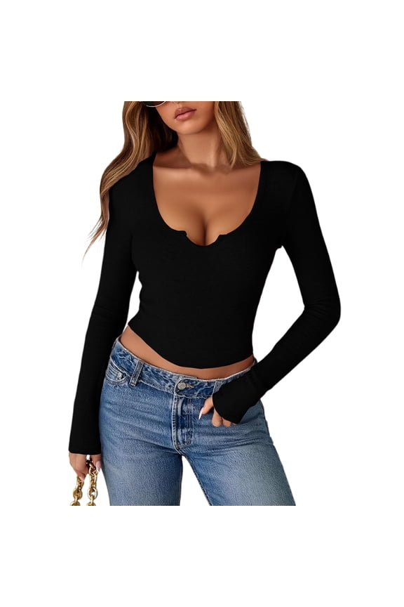 Women's Long Sleeve Scoop Neck V Ribbed Slim Fitted Casual Basic Crop Top Black M