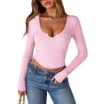 thumbnail image 1 of Women's Long Sleeve Scoop Neck V Ribbed Slim Fitted Casual Basic Crop Top Pink M, 1 of 4
