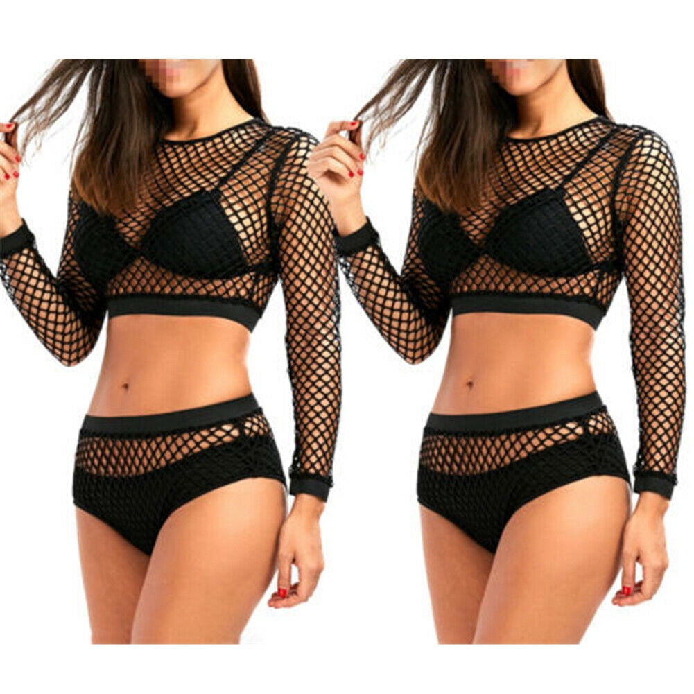 Women's Long Sleeve See Through Mesh Fishnet Crop Top T-Shirt + Panties Set