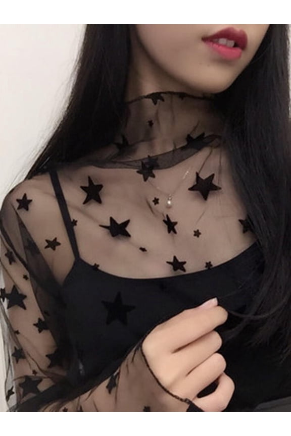 Women's Long Sleeve See Through Mesh Sheer Top Blouse Shirt