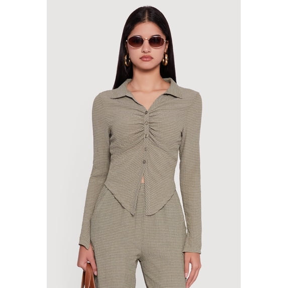 Women's Long Sleeve Seersucker Button Front Shirt