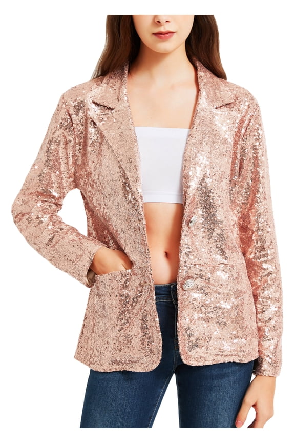 Women's Long Sleeve Sequin Blazer Jackets Casual Sparkly Coat with Pocket,Champagne,X-Large