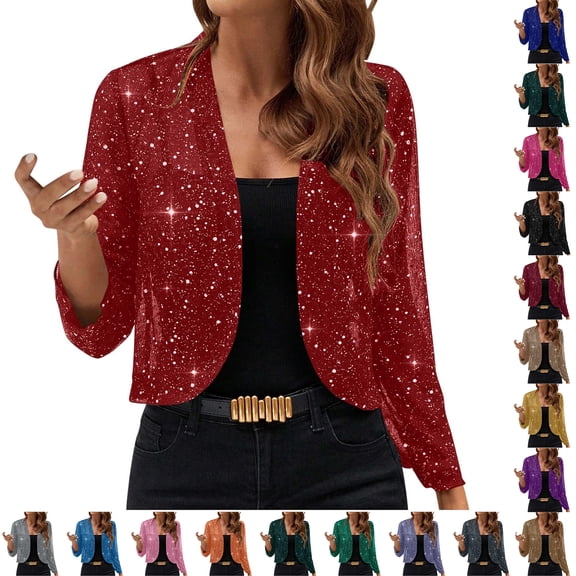 Women's Long Sleeve Sequin Cardigan Open Front Sparkly Shiny Dressy Casual Party Cropped Jackets Brown L