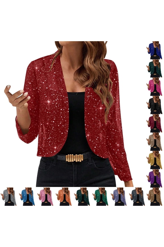 Women's Long Sleeve Sequin Cardigan Open Front Sparkly Shiny Dressy Casual Party Cropped Jackets Orange M