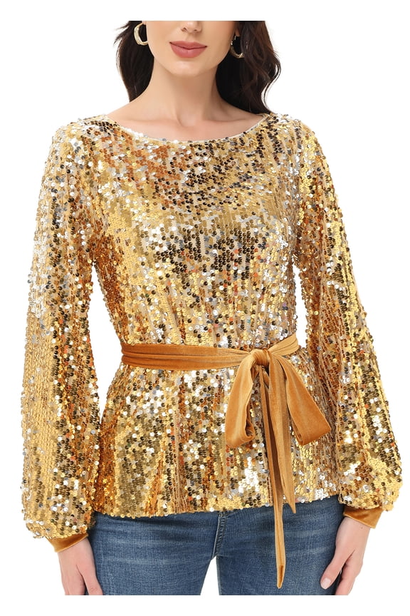 Women's Long Sleeve Sequin Crew Neck Fashion Pullovers Sweatshirt, Gold, Medium