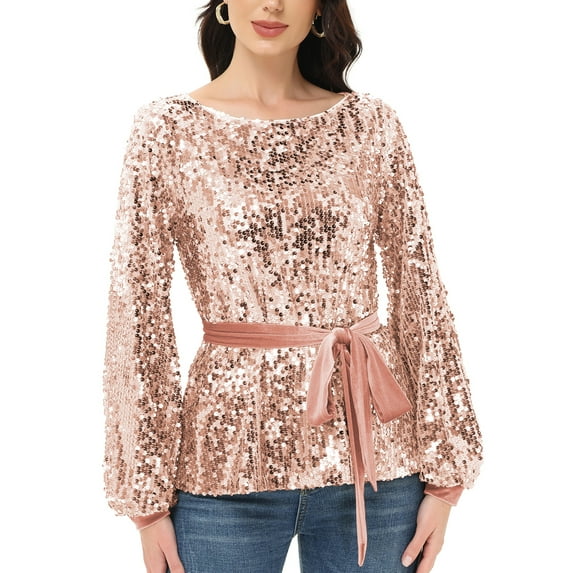 Women's Long Sleeve Sequin Crew Neck Fashion Pullovers Sweatshirt, Rose, XX-Large