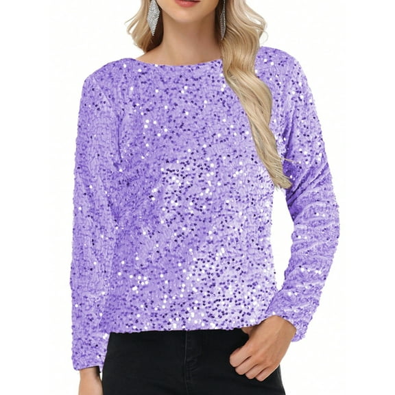 Women's Long Sleeve Sequin Top Round Neck Sparkle Blouse- Medium, Purple