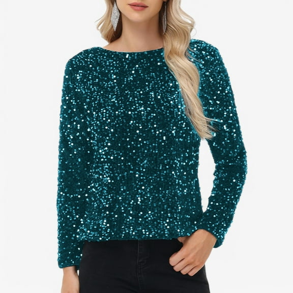 Women's Long Sleeve Sequin Top Round Neck Sparkle Blouse- Medium, Teal