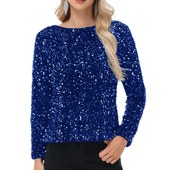 Women's Long Sleeve Sequin Top Round Neck Sparkle Blouse- X Large, Royal Blue