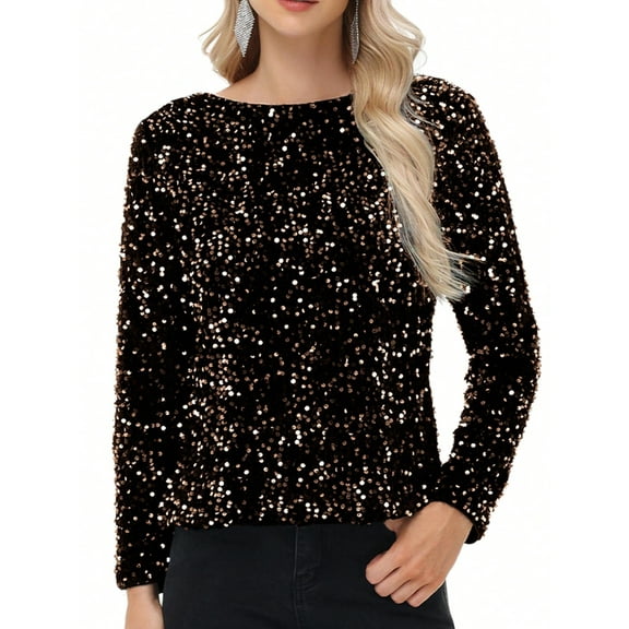 Women's Long Sleeve Sequin Top Round Neck Sparkle Blouse- XX Large, Black and Gold