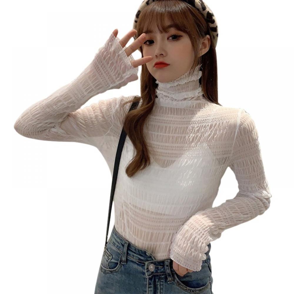 Women's Long Sleeve Sexy T-Shirt Turtleneck Slim Perspective Sheer