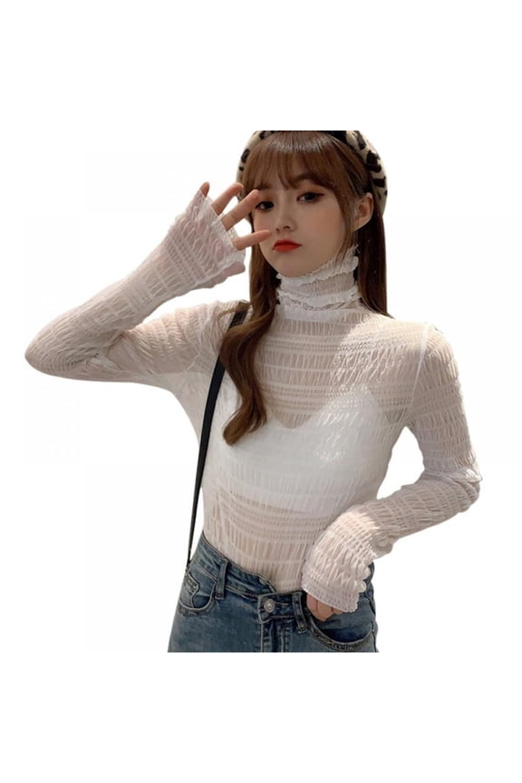 Women's Long Sleeve Sexy T-Shirt Turtleneck Slim Perspective Sheer Mesh Tops T Shirt Blouse Clubwear,White
