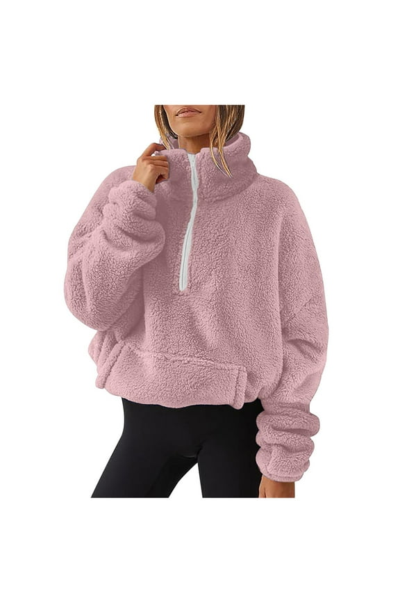 Women's Long Sleeve Sherpa Pullover Fuzzy Fleece Sweatshirt Casual Fuzzy Shirt with Pockets Fall Winter Clothes