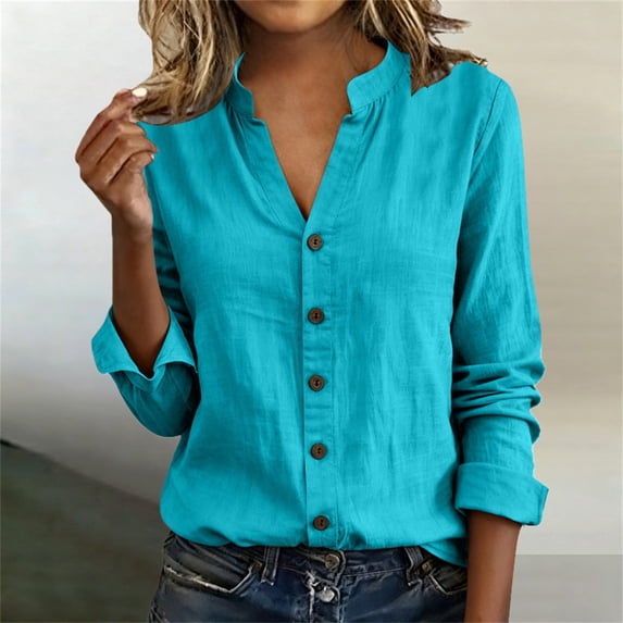 Women's Long Sleeve Shirt, Button Down Solid Color Casual Office Blouse, Loose Fit Top for Work, Daily Wear, Spring Summer 2026 Trends, Beach and Holiday Outfits-Blue