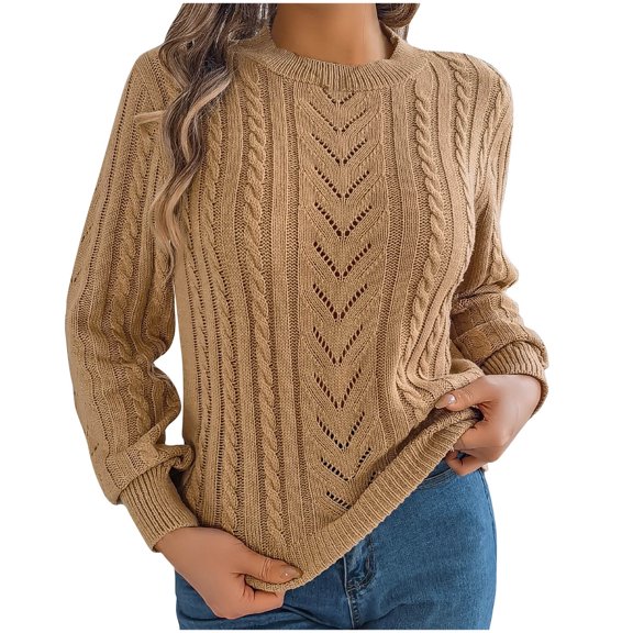 Women's Long Sleeve Shirt Cable Knit Long Sleeves Crew Neck Soft Casual Pullover Sweaters