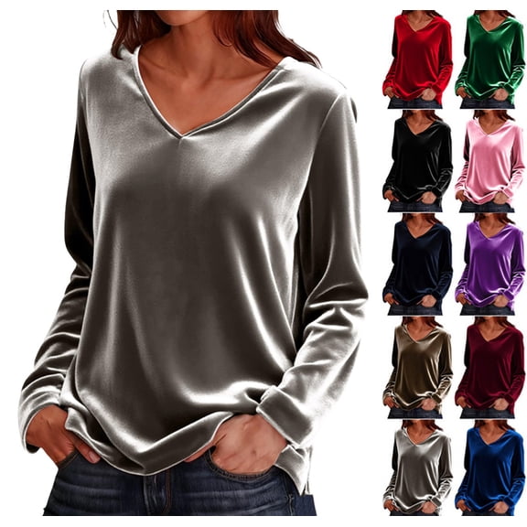 Women's Long Sleeve Shirt Casual Crewneck Pullover Solid t-Shirt Velvet Tops Pluse Size Fall Fashion 2025 Blouses Gray L