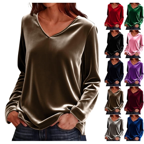 Women's Long Sleeve Shirt Casual Crewneck Pullover Solid t-Shirt Velvet Tops Pluse Size Fall Fashion 2025 Blouses Khaki M