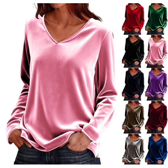 Women's Long Sleeve Shirt Casual Crewneck Pullover Solid t-Shirt Velvet Tops Pluse Size Fall Fashion 2025 Blouses Pink L