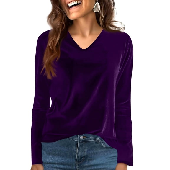 Women's Long Sleeve Shirt Casual V Neck Pullover Solid T-Shirt Velvet Tops Pluse Size Fall Fashion 2025 Outfits Purple M