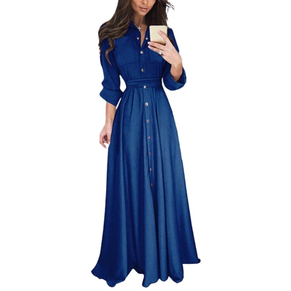Women's Long Sleeve Shirt Dress Maxi Dresses Button Down Lapel Solid Color With Pockets Navy Blue 5XL