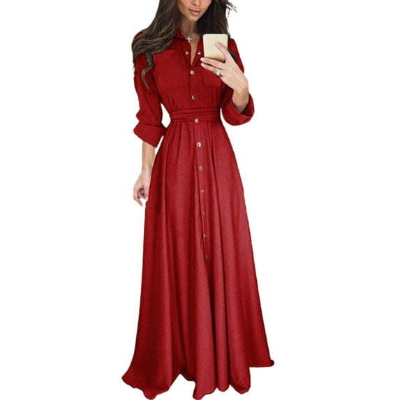 Women's Long Sleeve Shirt Dress Maxi Dresses Button Down Lapel Solid Color With Pockets Red L