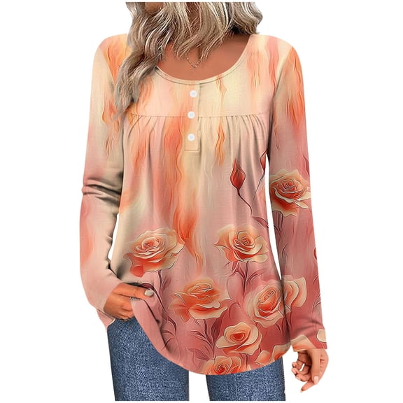 Women's Long Sleeve Shirt Fall Tops Button Round Neck Graphic Printed Trendy Tunic T Shirts Blouse Casual Clothes (S, Orange)
