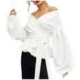 thumbnail image 1 of Women's Long Sleeve Shirt Off Shoulder Sleeve Top Bow Waist Shirt, 1 of 2