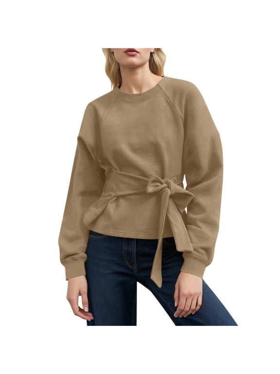 Women's Long Sleeve Shirt Tops Casual 2025 Fall Fashion Crewneck Tie Knot Sweatshirt Pullover
