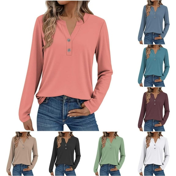 Women's Long Sleeve Shirts 2026 Fall Button V Neck Casual Tops Trendy Blouses Cute T-Shirts Clothes