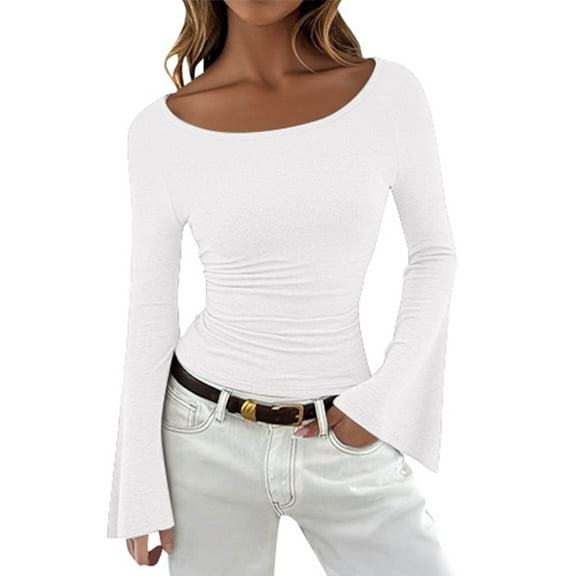 Women's Long Sleeve Shirts 2025 Fall Crop Going Out Tops Casual Boat Neck Bell Sleeve Ribbed Ruched Y2K Clothes