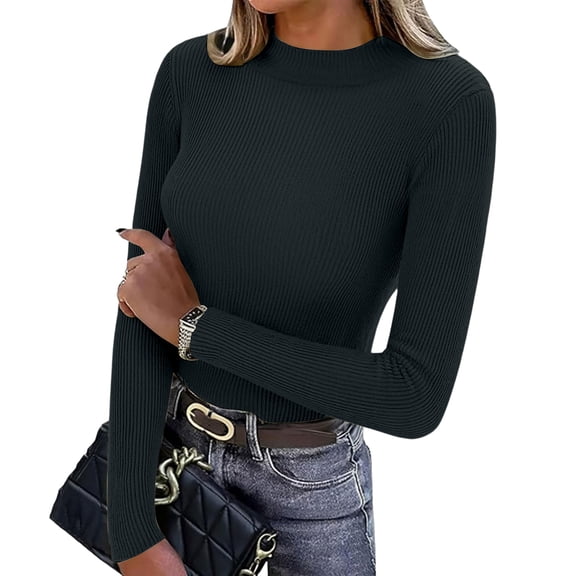 Women's Long Sleeve Shirts 2025 Fall Mock Neck Ribbed Knit Slim Fit Tops Basic Tees Casual Outfits Clothes Black Free