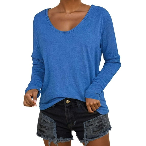 Women's Long Sleeve Shirts 2025 Trendy Casual Crew Neck Solid Basic Tees Beach Vacation Loose Fit Workout Tops Outfit Clothes