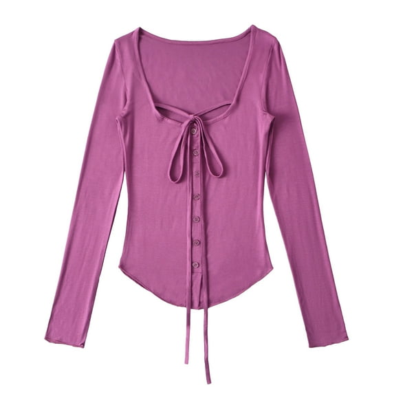 Women's Long Sleeve Shirts Bow Tie Button Down Scoop Neck T-Shirt Fashion Y2K Aesthetic Going Out Tops