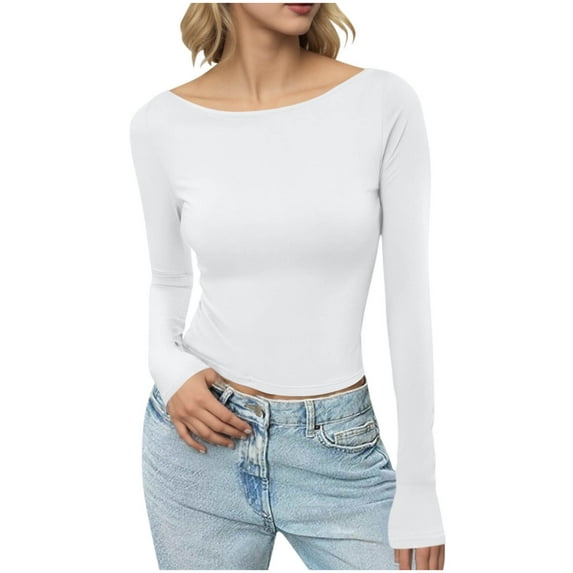 Women’s Long Sleeve Shirts Casual Basic Tees Y2k Clothes Slim Fit T Shirt Crew Neck Trendy Crop Top