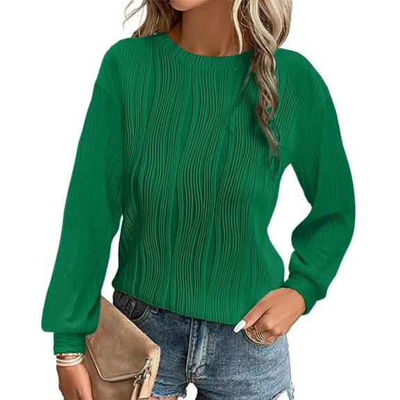 Women's Long Sleeve Shirts Casual Dropped Shoulder Textured Blouses Round Neck Knitted Shirts Womens Solid Color Loose Pullover Top Green M