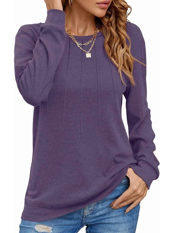 Women's Long Sleeve Dressy Blouses Pleated Front Tunic Crew Neck Casual