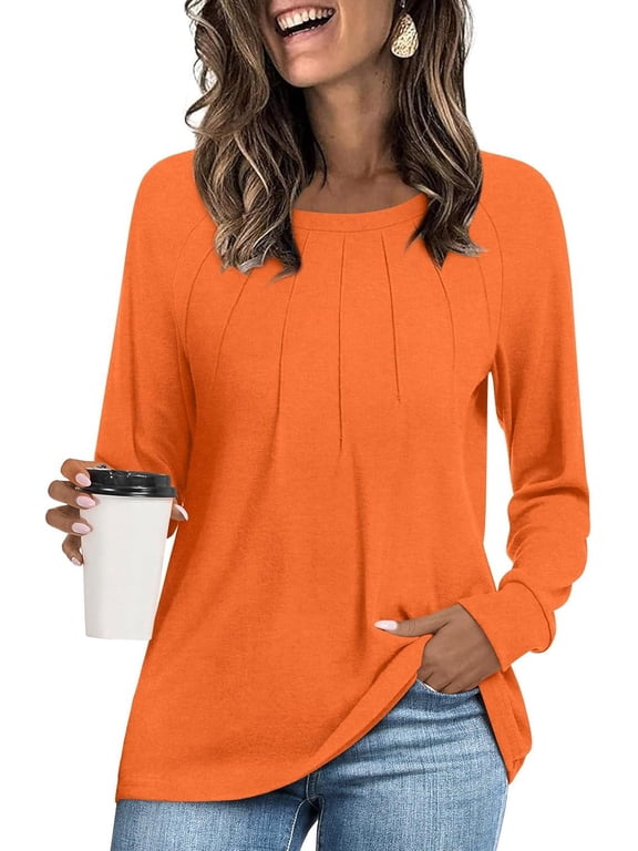 Women's Long Sleeve Dressy Blouses Pleated Front Tunic Crew Neck Casual