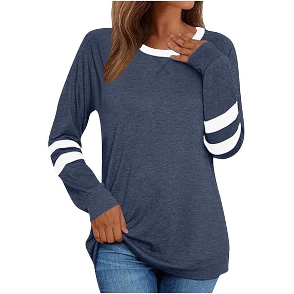 Women's Long Sleeve Shirts Color Block Casual Crew Neck Pullover Tops Basic Tee Shirt Spring Summer Trendy Clothes