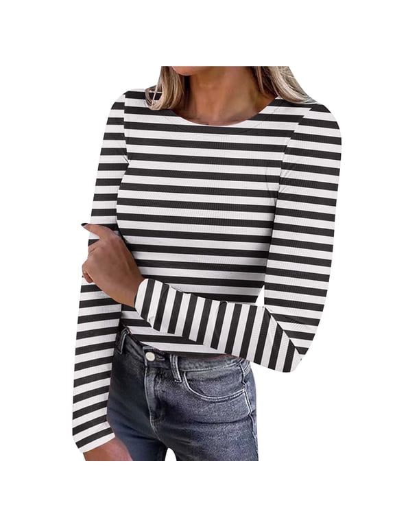 Women's Long Sleeve Shirts Crew Neck Rib Knit Slim Fit Tops Basic Tee Striped Fall Casual Underscrubs Layer T-Shirt Black-1 XL