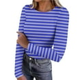 thumbnail image 1 of Women's Long Sleeve Shirts Crew Neck Rib Knit Slim Fit Tops Basic Tee Striped Fall Casual Underscrubs Layer T-Shirt Blue XXL, 1 of 8