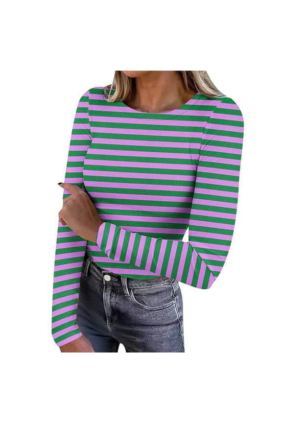 Women's Long Sleeve Shirts Crew Neck Rib Knit Slim Fit Tops Basic Tee Striped Fall Casual Underscrubs Layer T-Shirt Green-1 S