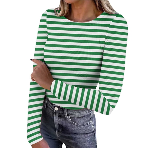 Women's Long Sleeve Shirts Crew Neck Rib Knit Slim Fit Tops Basic Tee Striped Fall Casual Underscrubs Layer T-Shirt Green M