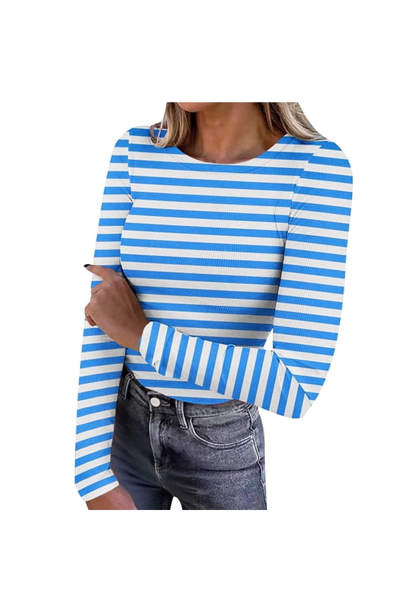 Women's Long Sleeve Shirts Crew Neck Rib Knit Slim Fit Tops Basic Tee Striped Fall Casual Underscrubs Layer T-Shirt Light Blue-1 M