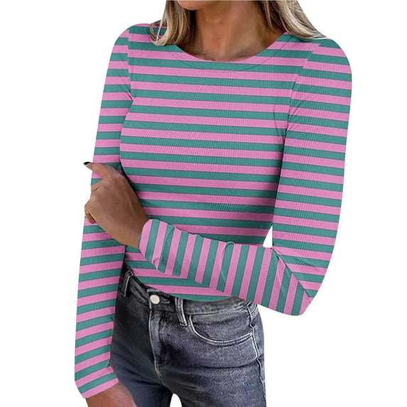 Women's Long Sleeve Shirts Crew Neck Rib Knit Slim Fit Tops Basic Tee Striped Fall Casual Underscrubs Layer T-Shirt Pink L
