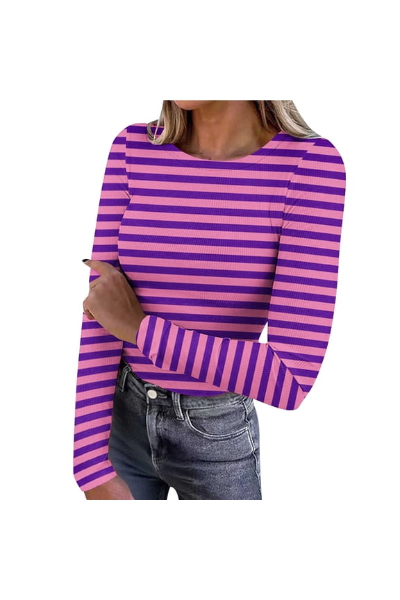 Women's Long Sleeve Shirts Crew Neck Rib Knit Slim Fit Tops Basic Tee Striped Fall Casual Underscrubs Layer T-Shirt Purple M