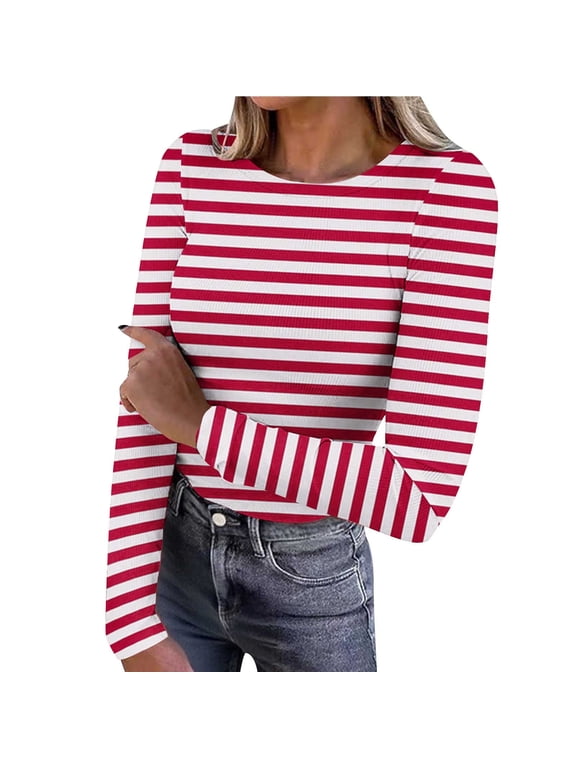 Women's Long Sleeve Shirts Crew Neck Rib Knit Slim Fit Tops Basic Tee Striped Fall Casual Underscrubs Layer T-Shirt Red-1 XXL