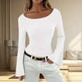 thumbnail image 1 of Women's Long Sleeve Shirts Crop Tops Boat Neck Bell Sleeve Ribbed Ruched Shirt (WH1 S), 1 of 3