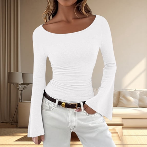 Women's Long Sleeve Shirts Crop Tops Boat Neck Bell Sleeve Ribbed Ruched Shirt (WH1 XL)