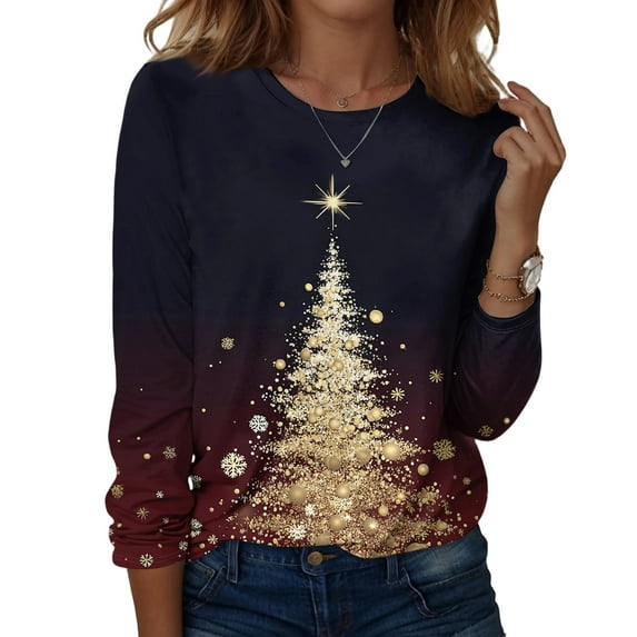Women's Long Sleeve Shirts with Cute Print Graphic Tees Design, Blouses Casual Plus Size Basic Tops Pullover, Fashion Christmas Tree Print Round Neck Top for Holiday Fashion,Wine,2XL