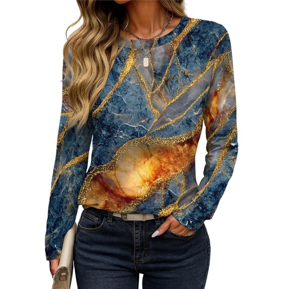 Women's Long Sleeve Shirts with Cute Print Graphic Tees Design, Blouses Casual Plus Size Basic Tops Pullover, Fashion Retro Texture Print Round Neck Top for Spring and Fall,Blue,S